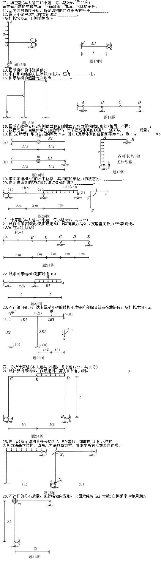 全国2010年7月高等教育自学考试结构力学(二)试题(图2) 全国2010年7月高等教育自学考试结构力学(二)试题(图2)